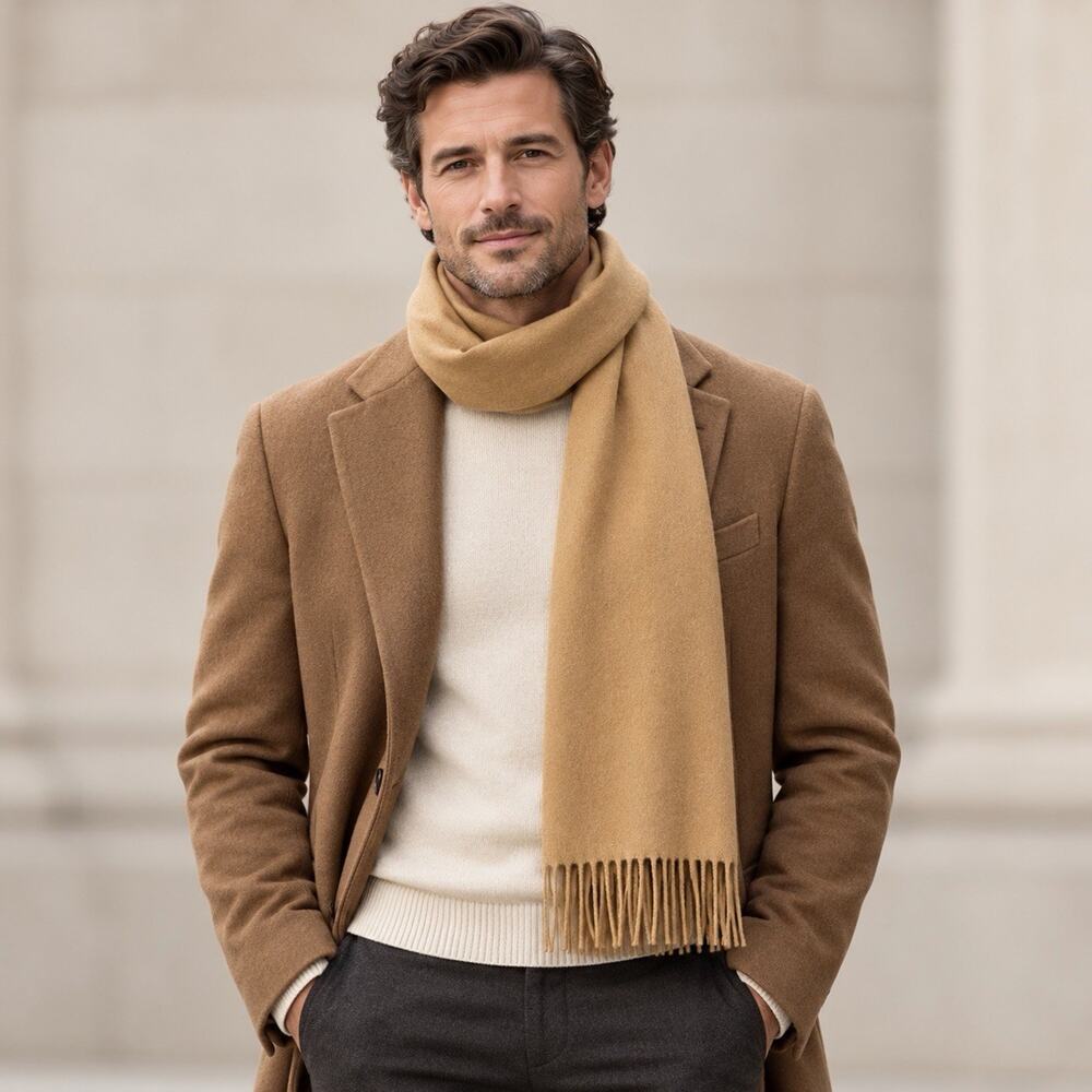 Hickey Freeman 100% Cashmere Scarf Camel Tan Fringe Men’s NWT Quiet Luxury $179